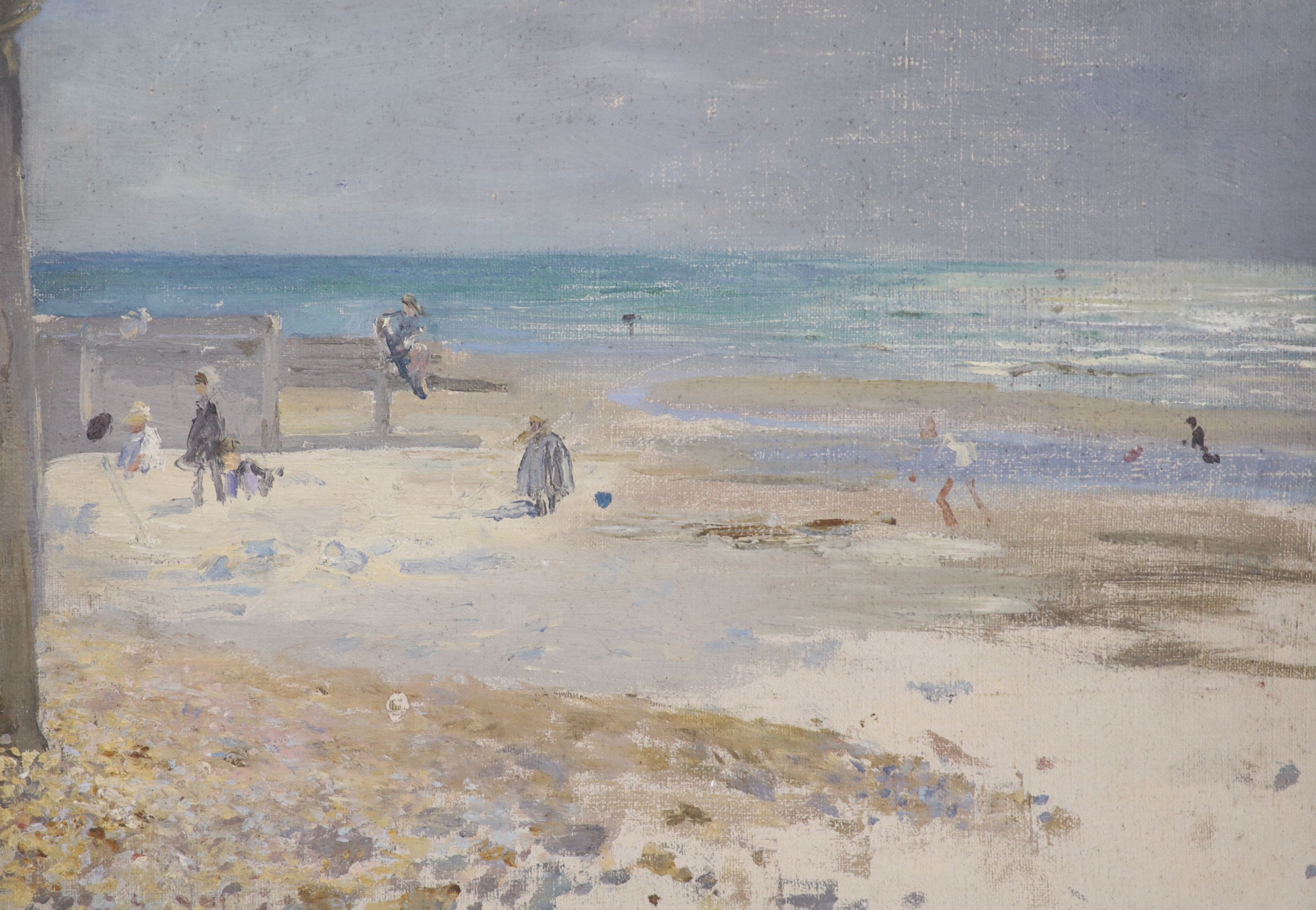 Kate Elizabeth Olver (1881-1960), oil on board, Beach Scene, inscribed verso, 24 x 34cm